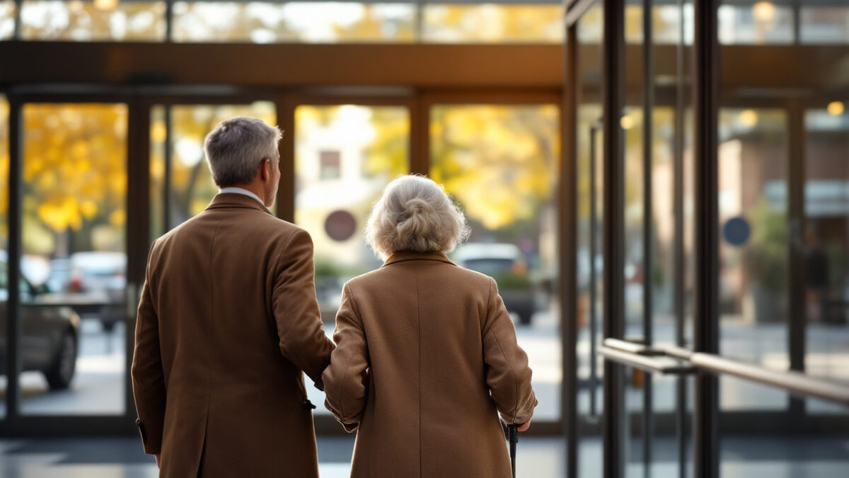 A companion walks beside an older woman through a hospital entrance